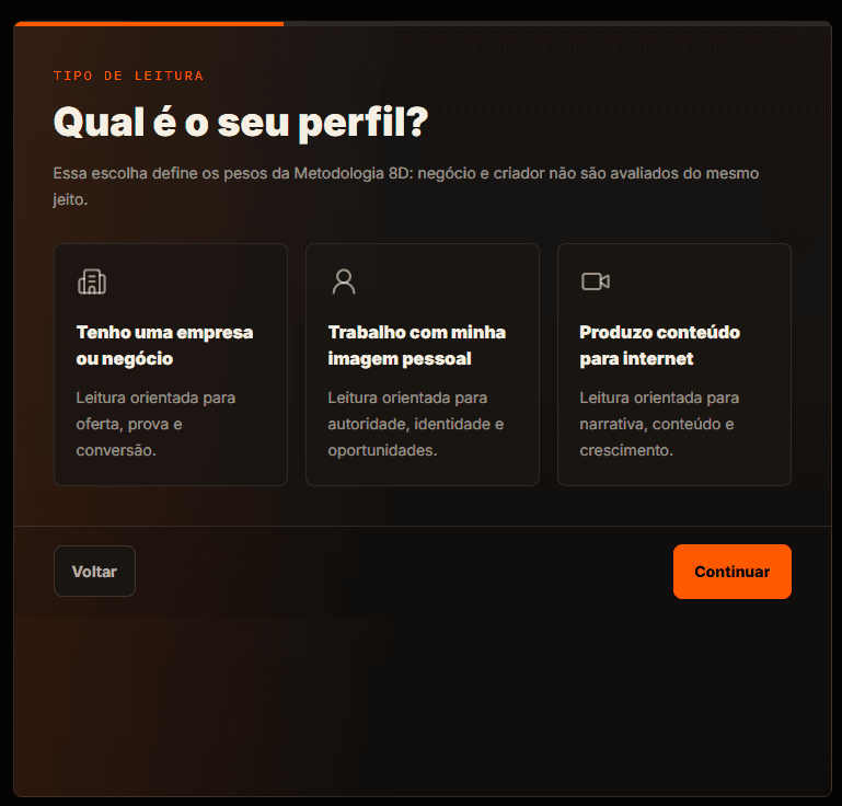 Tela do briefing perguntando qual é o tipo de perfil: negócio, imagem pessoal ou criador de conteúdo
